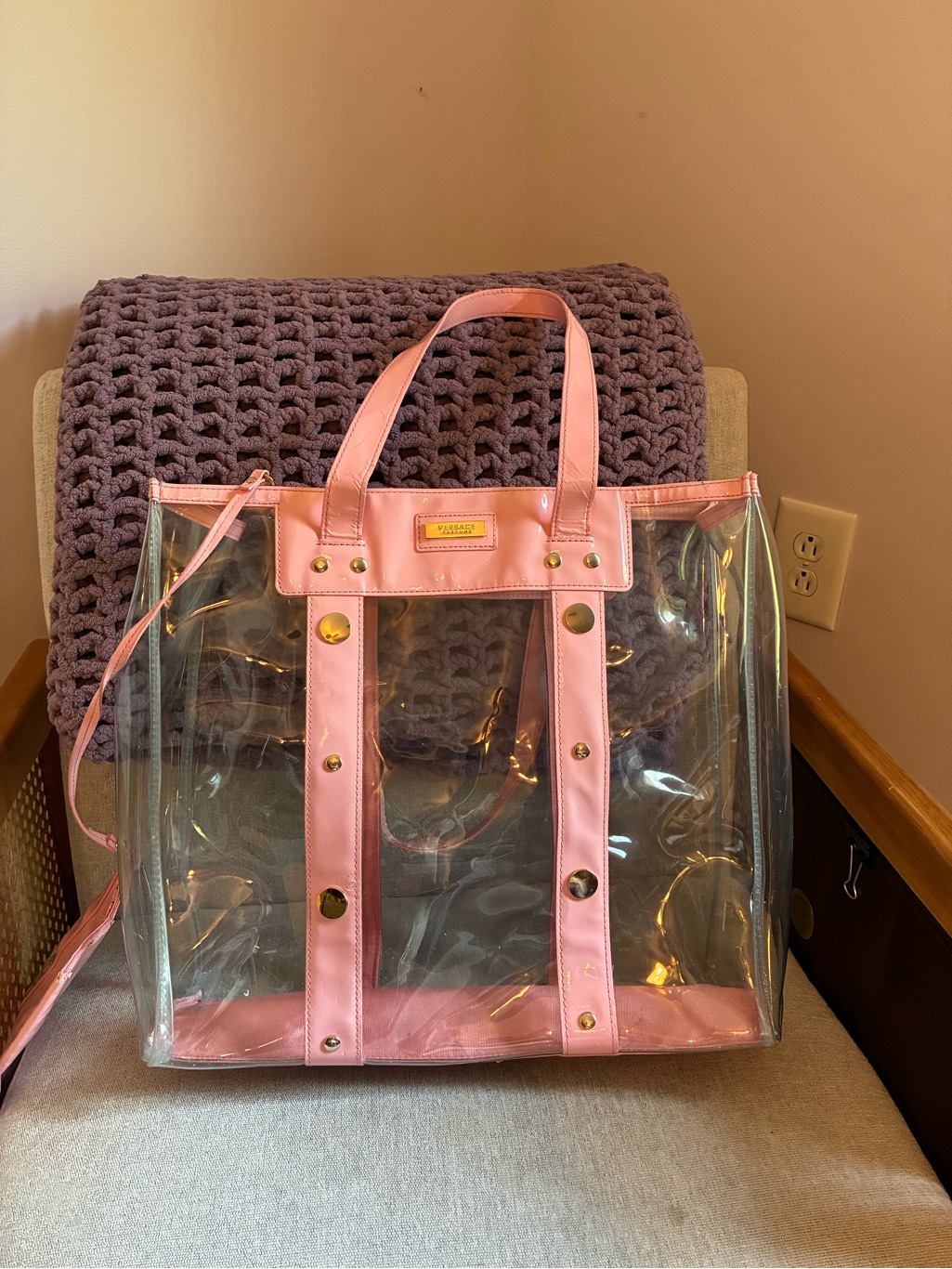 Versace Pink Clear Tote With Gold Hardware
